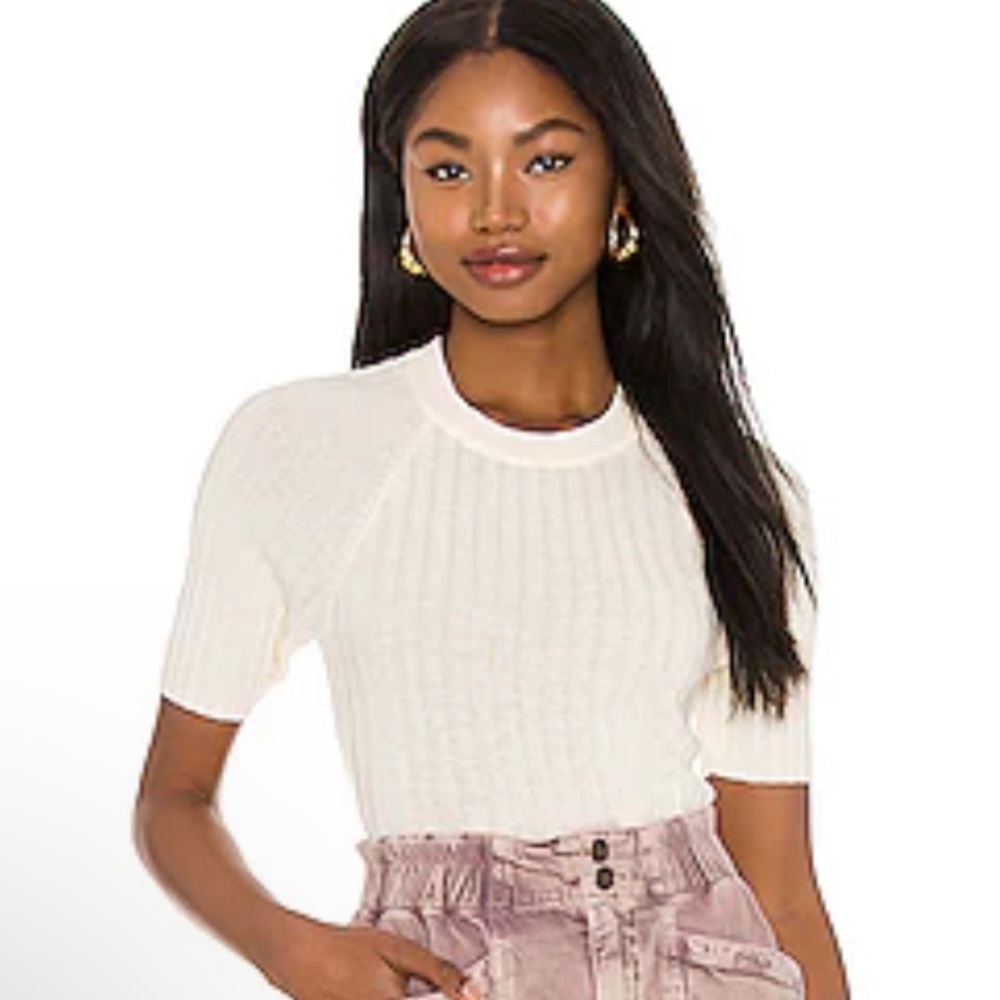 Free People cream form-fitting crew neck short sleeved sweater S